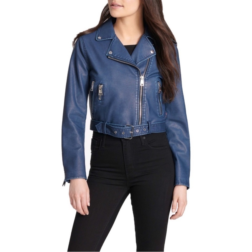 Levi’s Vegan Leather Belted Moto Jacket Navy Blue‎